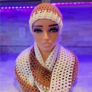 Handcrafted Crochet Scarf and Hat Set - White and Carmel